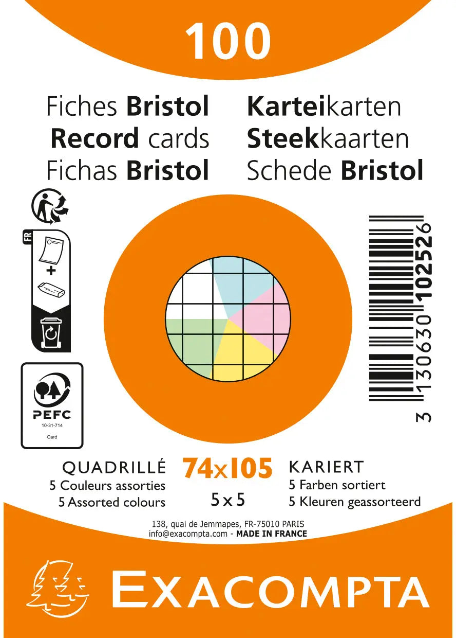 EXACOMPTA Karteikarten kariert A7 10252E farbig assortiert 100 Stück Idealshop