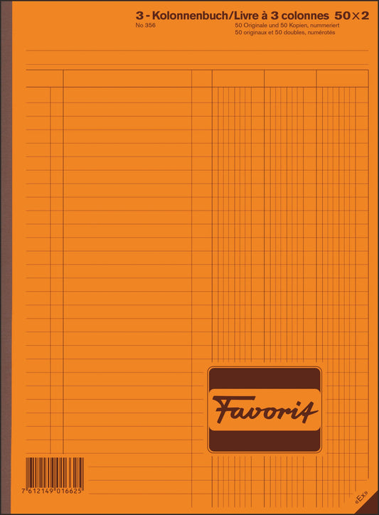 FAVORIT Durchschreibebuch 3 Kolonnen 356 OK N weiss/weiss, nummeriert,D/F/I Idealshop