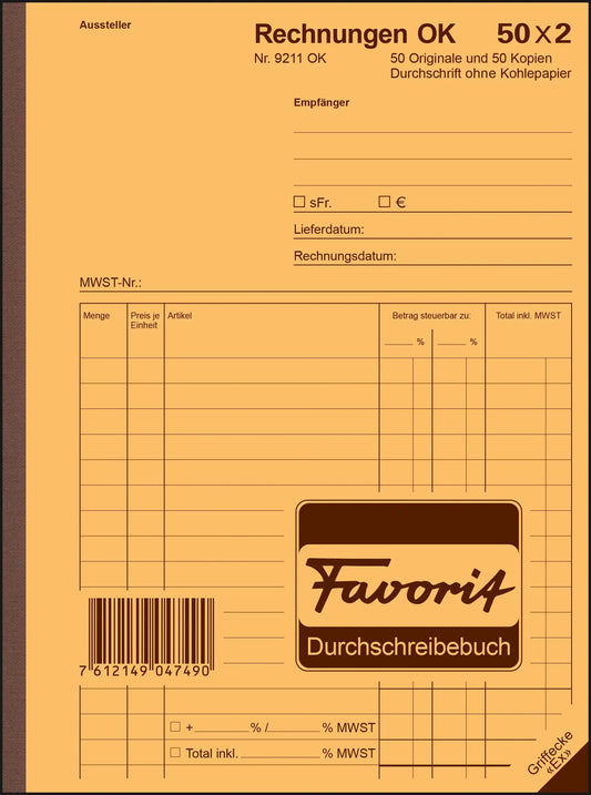 FAVORIT Formularbuch Rechnungen A5 9211 OK Durchschreibepapier 50x2 Blatt Idealshop