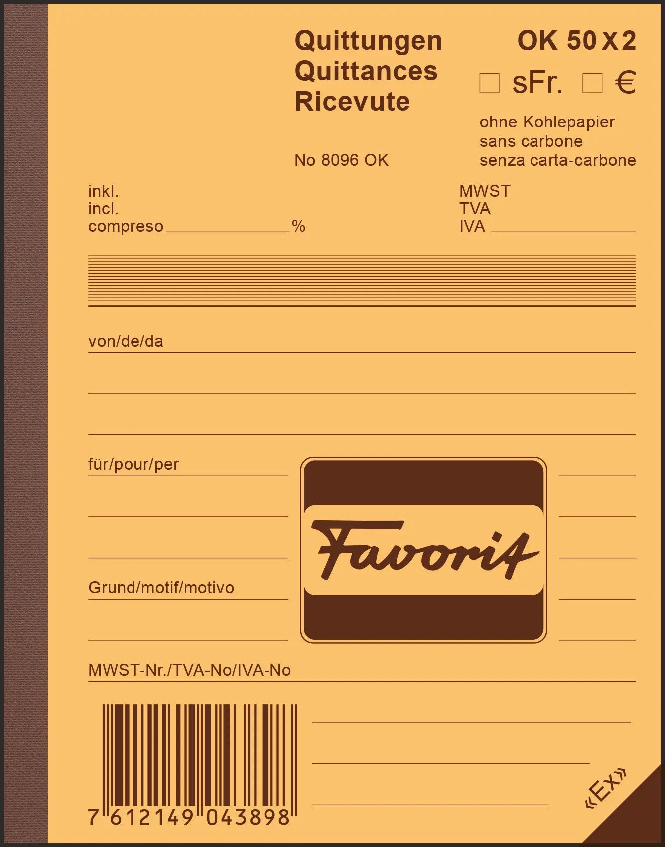 FAVORIT Quittungen D/F/I A6 8096OK blau/weiss 50x2 Blatt Idealshop