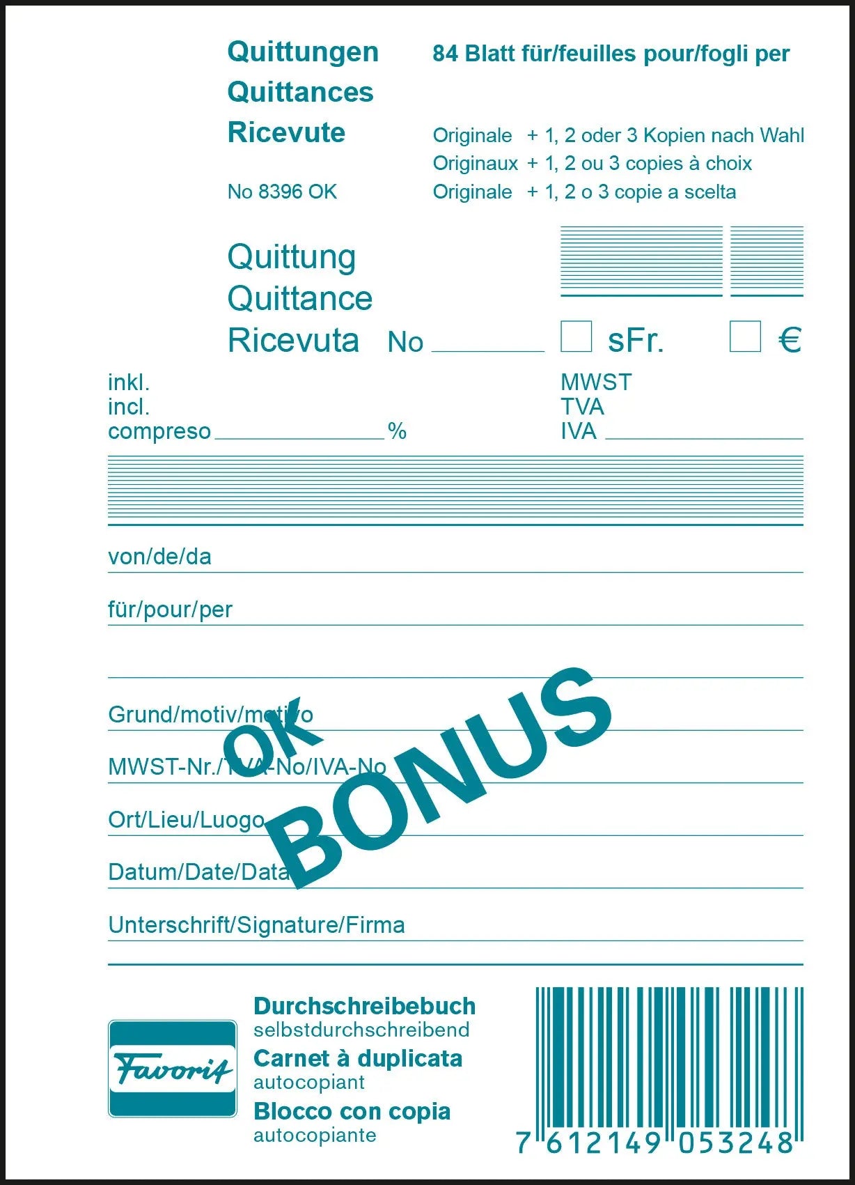 FAVORIT   Quittungen OK BONUS D/F/I   A6 Idealshop