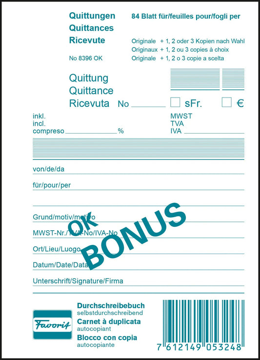 FAVORIT   Quittungen OK BONUS D/F/I   A6 Idealshop