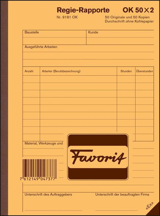 FAVORIT Regie-Rapporte Deutsch A5 9181 OK Durchschreibepapier 50x2 Blatt Idealshop
