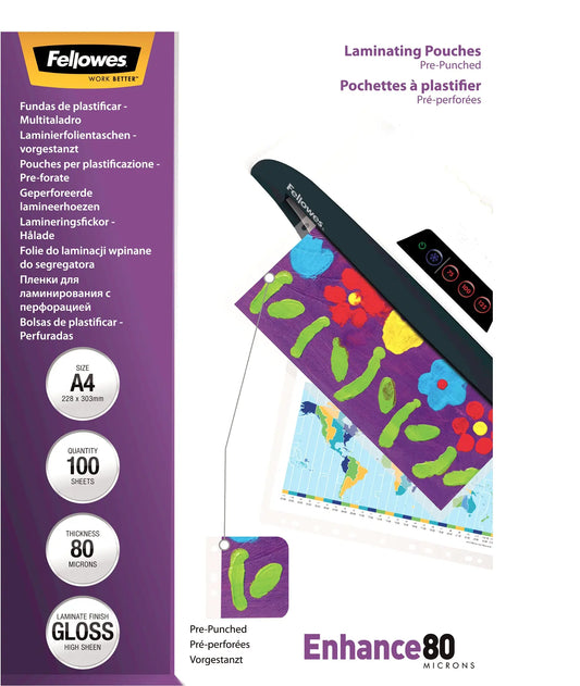 FELLOWES Laminierfolien Enhance 80g A4 5452502 gelocht 100 Stück Idealshop