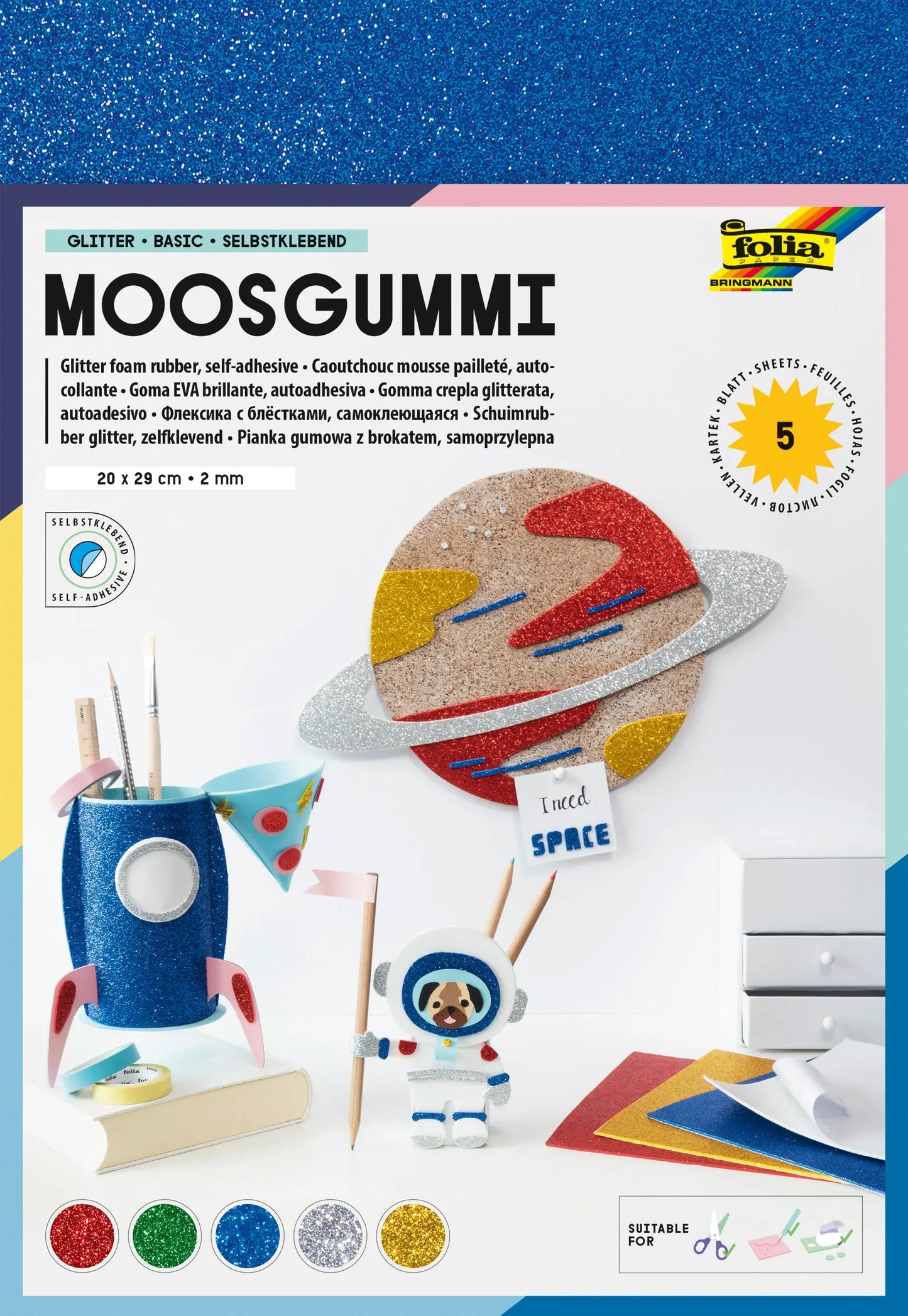 FOLIA Moosgummi 20x29cm 231919 Basic Glitter, ass. 5 Blatt Idealshop