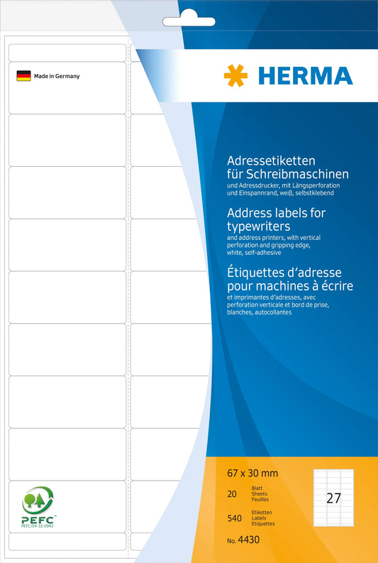 HERMA Adressetiketten 67x30mm 4430 weiss 540 Stück Idealshop