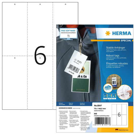 HERMA Anhänge-Etiketten 70x148,5mm 8047 weiss 600 Stück Idealshop
