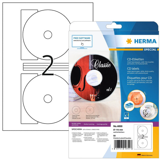 HERMA CD-Etiketten Ø116mm 4850 50 Stück, 25 Blatt Idealshop