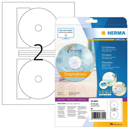 HERMA CD Etiketten weiss, Ø 116mm 8624 20 Stk. / 10 Blatt Idealshop