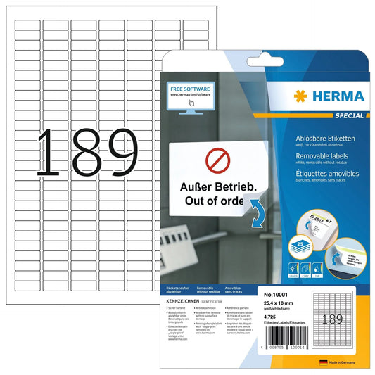 HERMA Etikett. Ablösbar 25,4x10mm 10001 weiss,non-perm. 4725 St./25Bl. Idealshop
