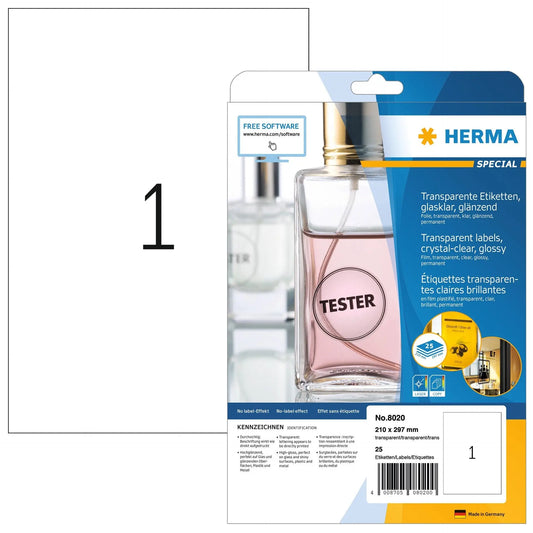 HERMA Etiketten 210x297mm 8020 transparent, 25 Blatt Idealshop