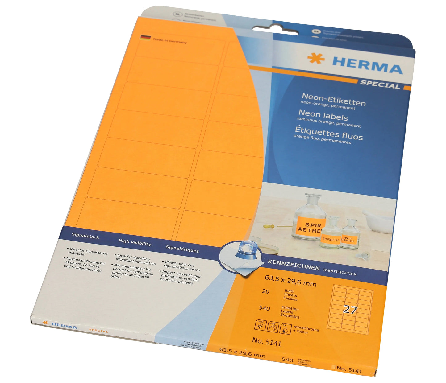 HERMA Etiketten 63.5x29.6mm 5141 neon orange 540 Stück/20 Blatt Idealshop