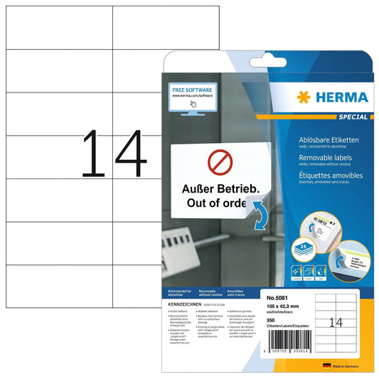 HERMA Etiketten Ablösbar 105x42.3mm 5081 weiss,non-perm. 350 St./25 Bl. Idealshop