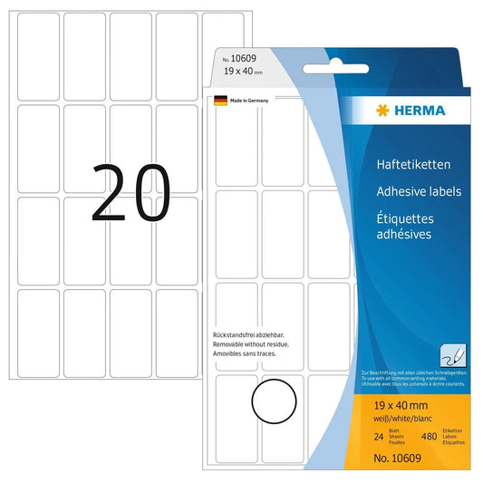 HERMA Etiketten Ablösbar 19×40mm 10609 weiss, non perm. 480 Stück Idealshop