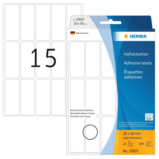 HERMA Etiketten Ablösbar 20×50mm 10610 weiss, non perm. 480 Stück Idealshop