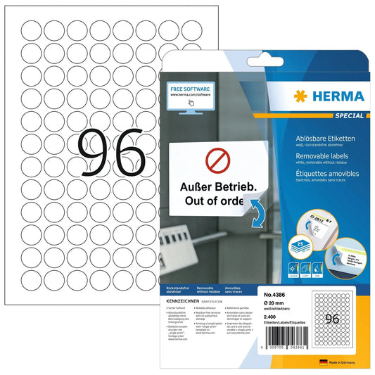 HERMA Etiketten Ablösbar 20mm 4386 weiss, non perm. 2400 Stück Idealshop