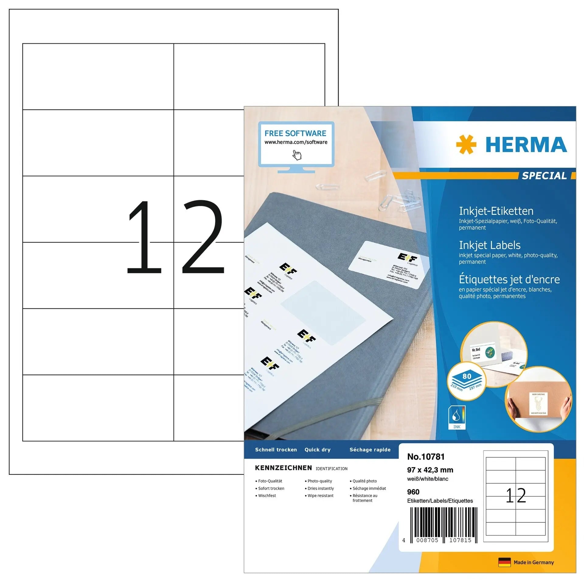HERMA Etiketten Inkjet 97x42.3mm 10781 weiss 960 Stk./80 Blatt Idealshop