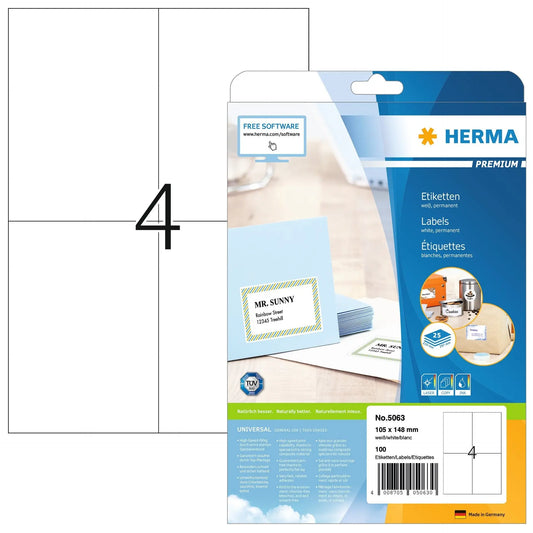 HERMA Etiketten PREMIUM 105x148mm 5063 weiss,perm. 100 St./25 Bl. Idealshop