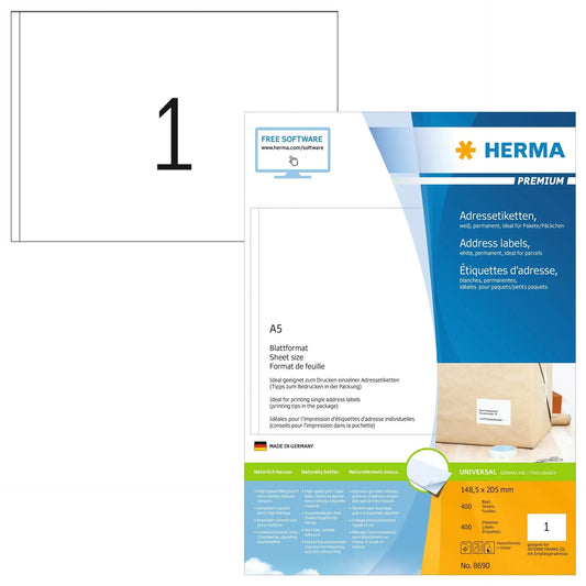 HERMA Etiketten PREMIUM 148.5x205mm 8690 weiss,perm. 400 St./400 Bl. Idealshop