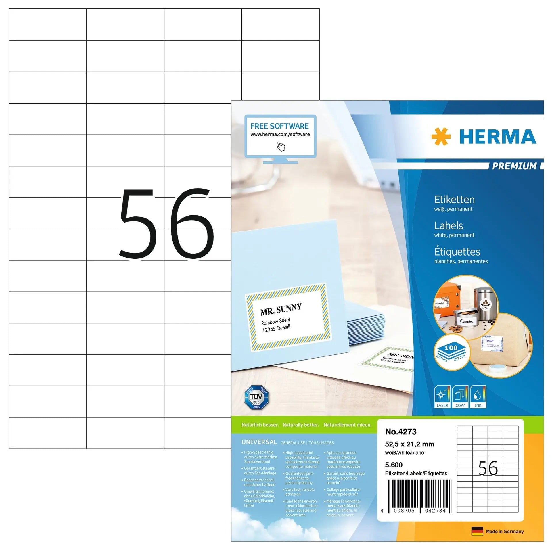HERMA Etiketten PREMIUM 52.5x21.2mm 4273 weiss,perm. 5600 St./100 Bl. Idealshop