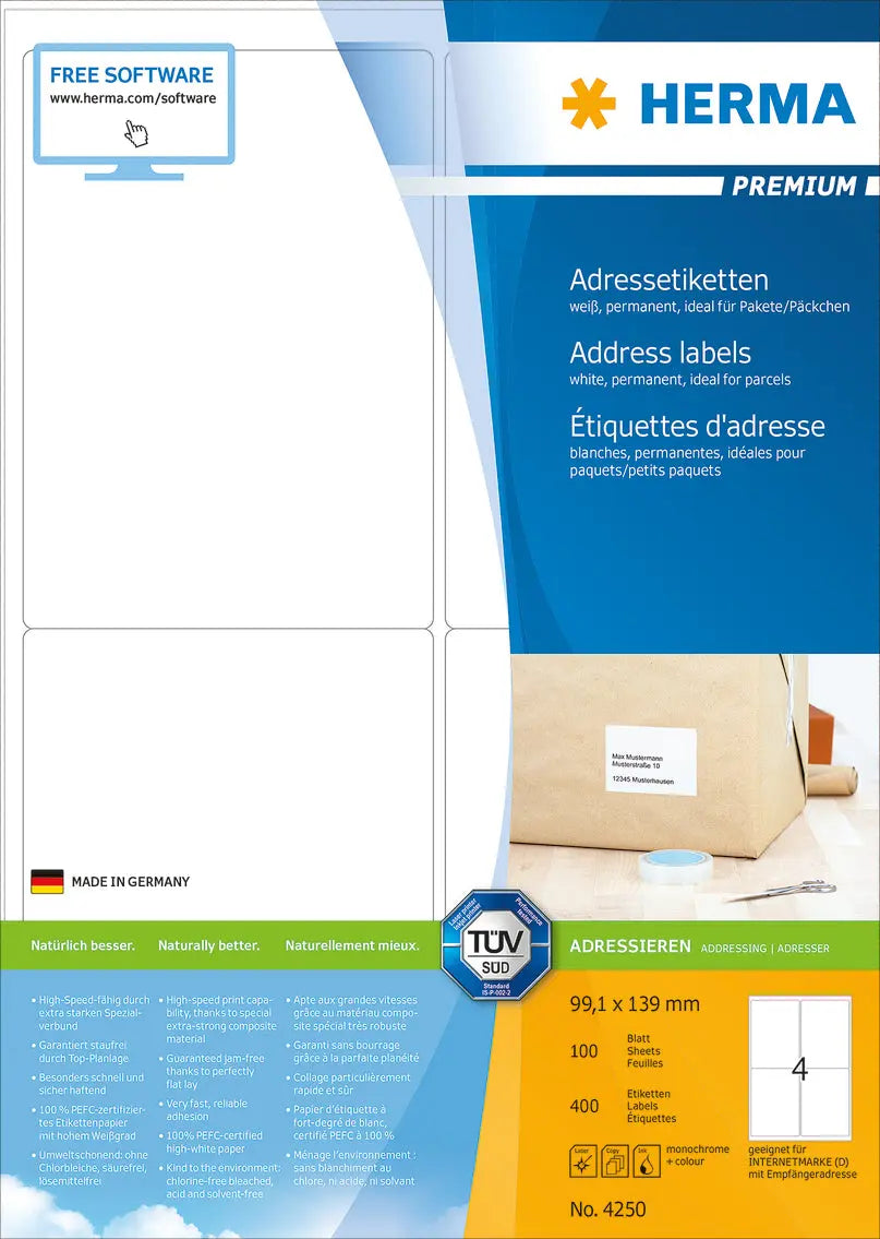 HERMA Etiketten PREMIUM 99.1x139mm 4250 weiss,perm. 400 St./100 Bl. Idealshop