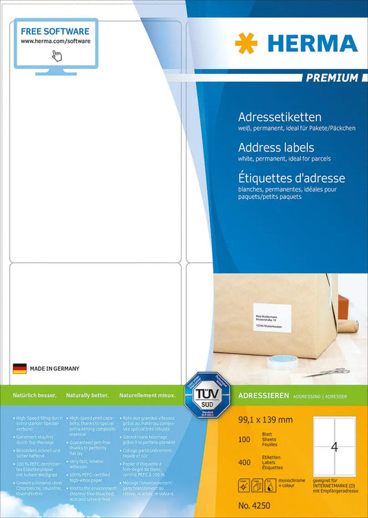 HERMA Etiketten PREMIUM 99.1x139mm 4250 weiss,perm. 400 St./100 Bl. Idealshop