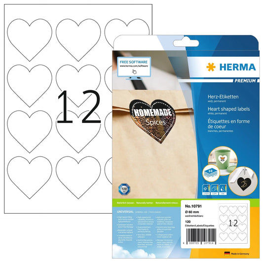 HERMA Etiketten Premium 60mm 10791 herz, weiss 120 Stück Idealshop