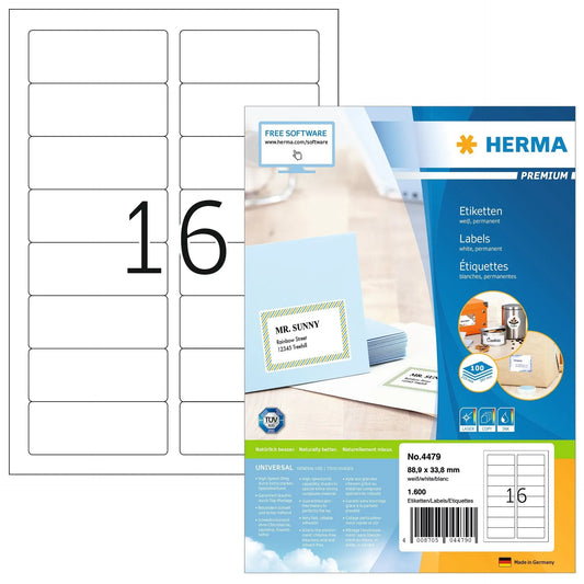 HERMA Etiketten Premium 88,9×33,8mm 4479 weiss 1600 Stück Idealshop