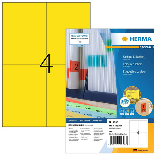 HERMA Etiketten SPECIAL 105x148mm 4396 gelb,perm. 400 St./100 Bl. Idealshop