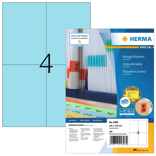 HERMA Etiketten SPECIAL 105x148mm 4398 blau,perm. 400 St./100 Bl. Idealshop