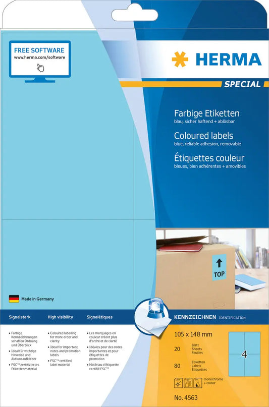 HERMA Etiketten SPECIAL 105x148mm 4563 blau,non-perm. 80 St./20 Bl. Idealshop