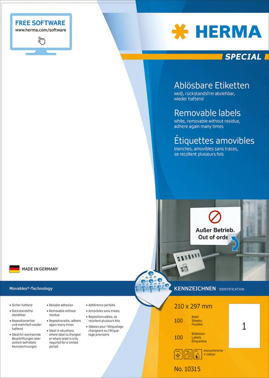 HERMA Etiketten SPECIAL 210x297mm 10315 weiss,non-perm. 100St./100Bl. Idealshop