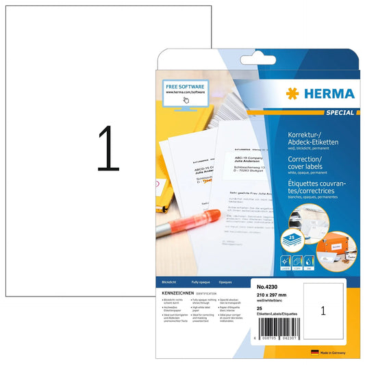 HERMA Etiketten SPECIAL 210x297mm 4230 weiss,perm. 25 St./25 Bl. Idealshop