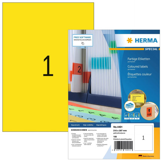 HERMA Etiketten SPECIAL 210x297mm 4401 gelb,perm. 100 St./100 Bl. Idealshop