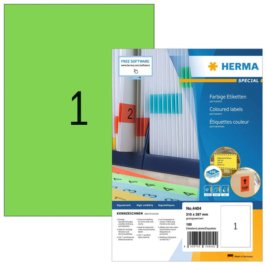 HERMA Etiketten SPECIAL 210x297mm 4404 grün,perm. 100 St./100 Bl. Idealshop