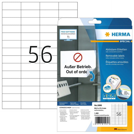HERMA Etiketten SPECIAL 52.5x21.2mm 5080 weiss,non-perm. 1400 St./25Bl. Idealshop