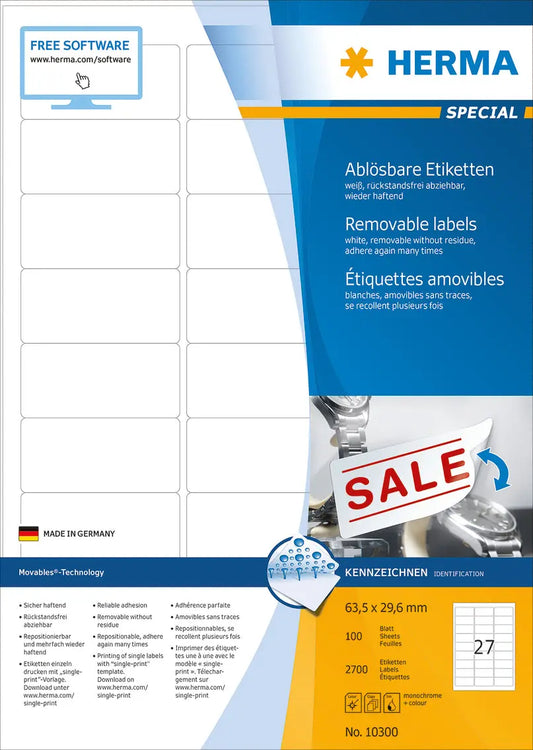 HERMA Etiketten SPECIAL 63.5x29.6mm 10300 weiss,non-perm. 2700St./100Bl. Idealshop