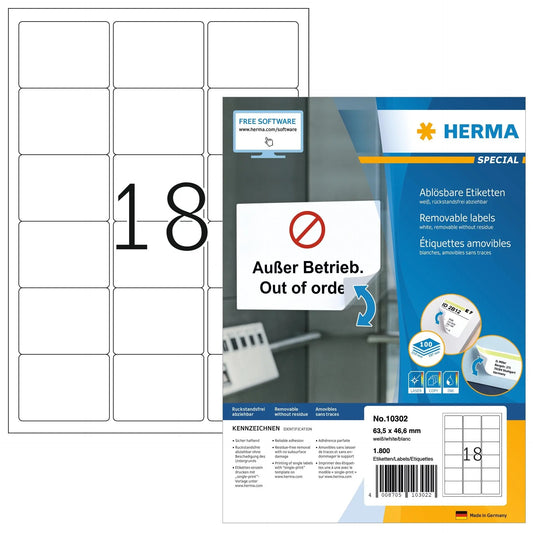 HERMA Etiketten SPECIAL 63.5x46.6mm 10302 weiss,non-perm. 1800St./100Bl. Idealshop