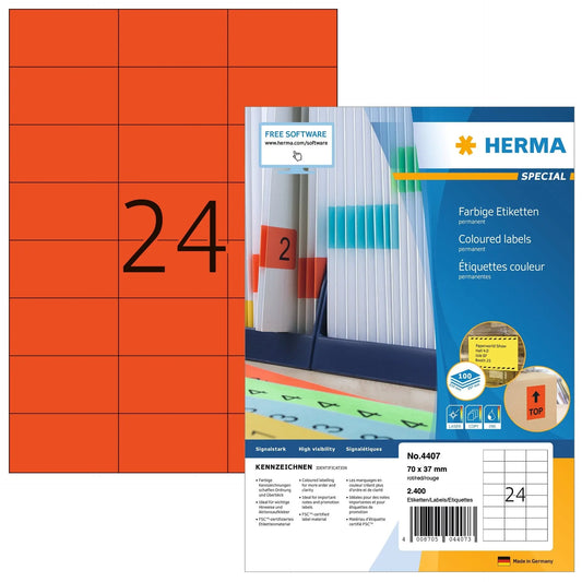 HERMA Etiketten SPECIAL 70x37mm 4407 rot,perm. 2400 St./100 Bl. Idealshop