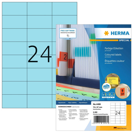 HERMA Etiketten SPECIAL 70x37mm 4408 blau,perm. 2400 St./100 Bl. Idealshop