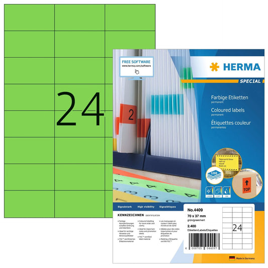 HERMA Etiketten SPECIAL 70x37mm 4409 grün,perm. 2400 St./100 Bl. Idealshop