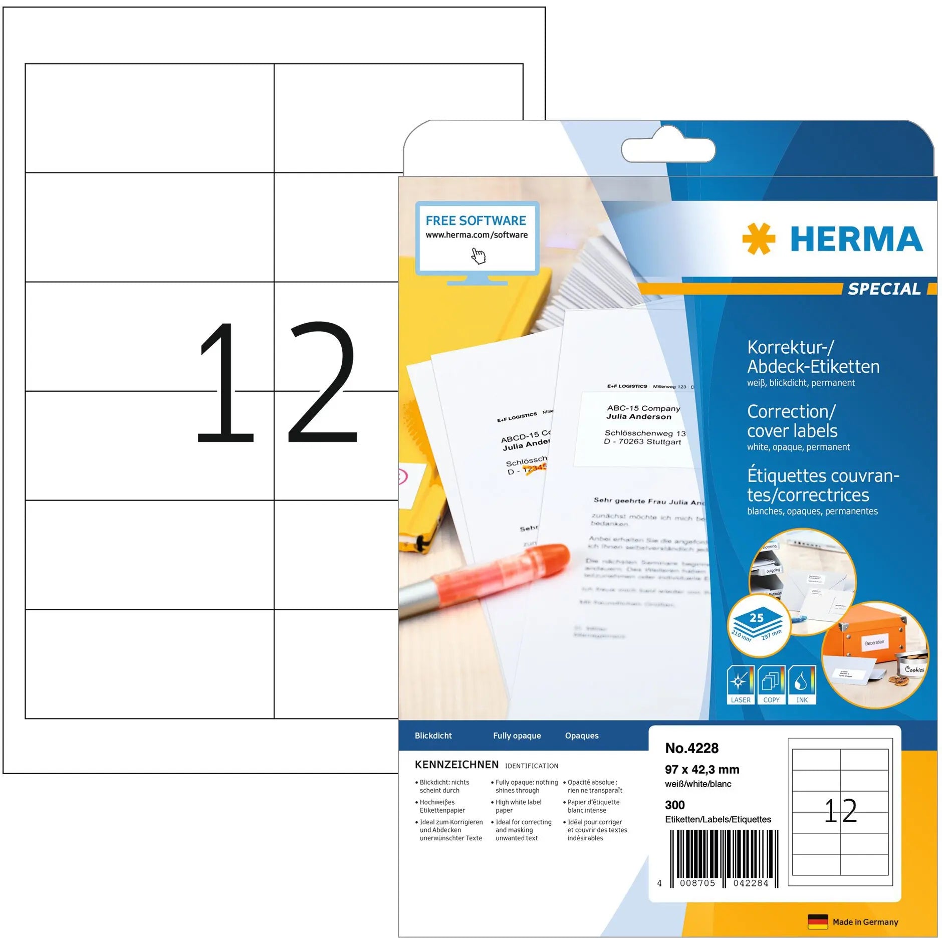 HERMA Etiketten SPECIAL 97x42.3mm 4228 weiss,perm. 300 St./25 Bl. Idealshop