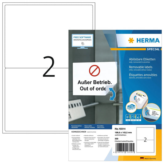 HERMA EtikettenSPECIAL 199.6x143.5mm 10314 weiss,non-perm. 200St./100Bl. Idealshop