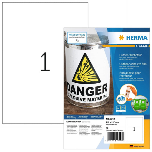 HERMA Folienetiketten 210x297mm 9543 weiss,PP matt 40 Stk./40 Bl. Idealshop
