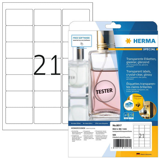 HERMA Folienetiketten 63,5x38,1mm 8017 transparent 525 St./25 Blatt Idealshop