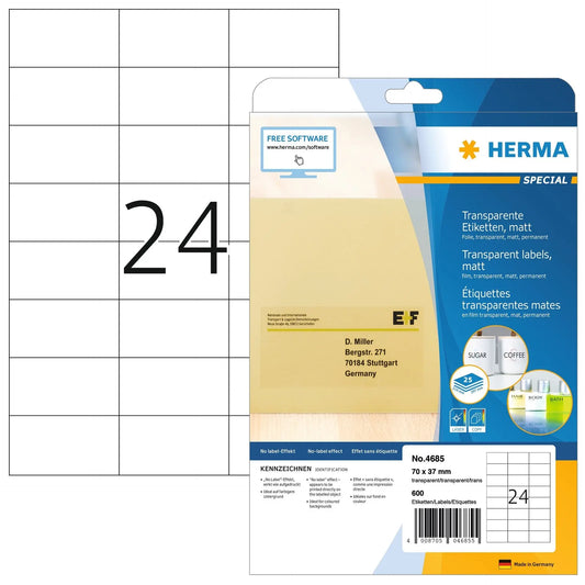 HERMA Folienetiketten 70x37mm 4685 transparent 600 St./25 Blatt Idealshop