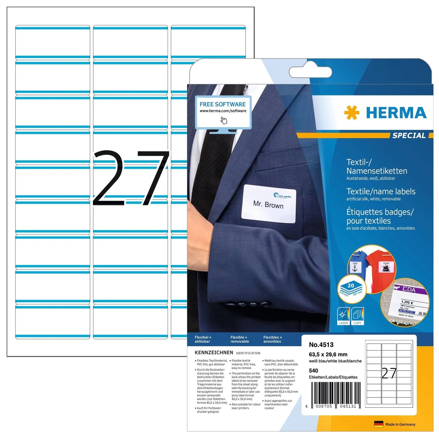 HERMA Namensetiketten 63,5x29,6mm 4513 weiss 540 Stk./20 Bl. Idealshop