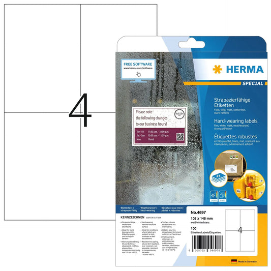 HERMA Spezialetiketten 105x148mm 4697 weiss, wetterfest 25Bl à 4 Et. Idealshop