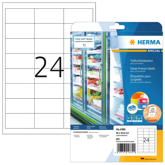 HERMA Tiefkühletiketten 66x33.8mm 4389 weiss,perm. 600 St./25 Bl. Idealshop