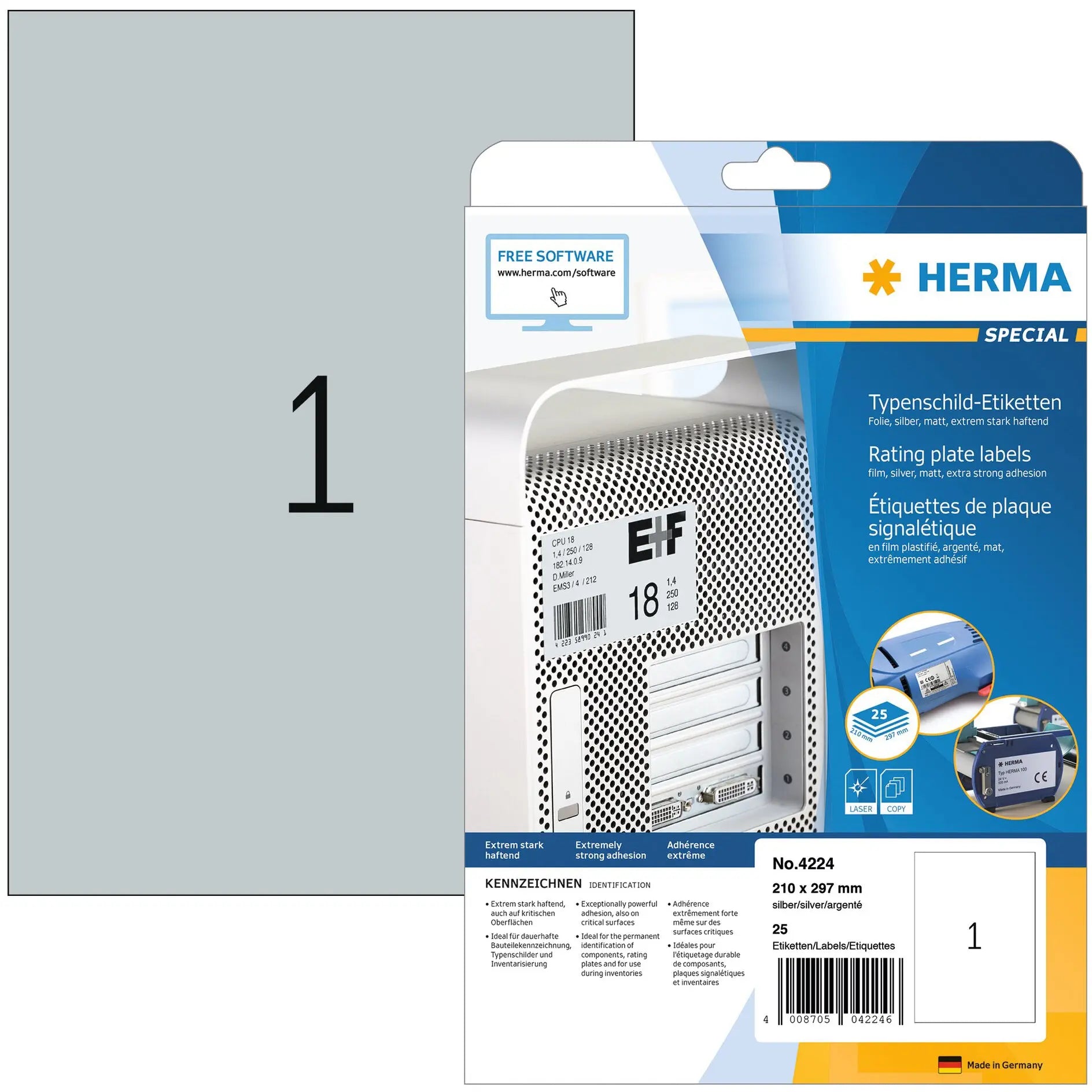 HERMA Typ-Etiketten 210x297mm 4224 silber 25 Stück Idealshop